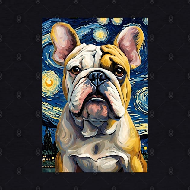 English Bulldog Dog Breed Painting in a Van Gogh Starry Night Art Style by Art-Jiyuu